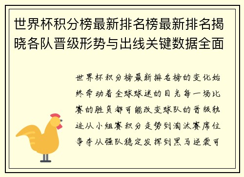 世界杯积分榜最新排名榜最新排名揭晓各队晋级形势与出线关键数据全面解析 世界杯积分榜最新排名榜最新排名揭晓各队晋级形势与出线关键数据全面解析